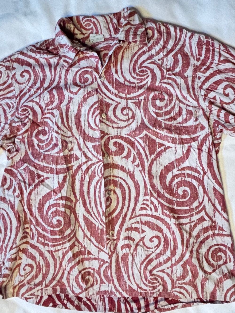 Go Barefoot Hawaiian Aloha Shirt Mens XL Red White Swirl Print Cotton USA